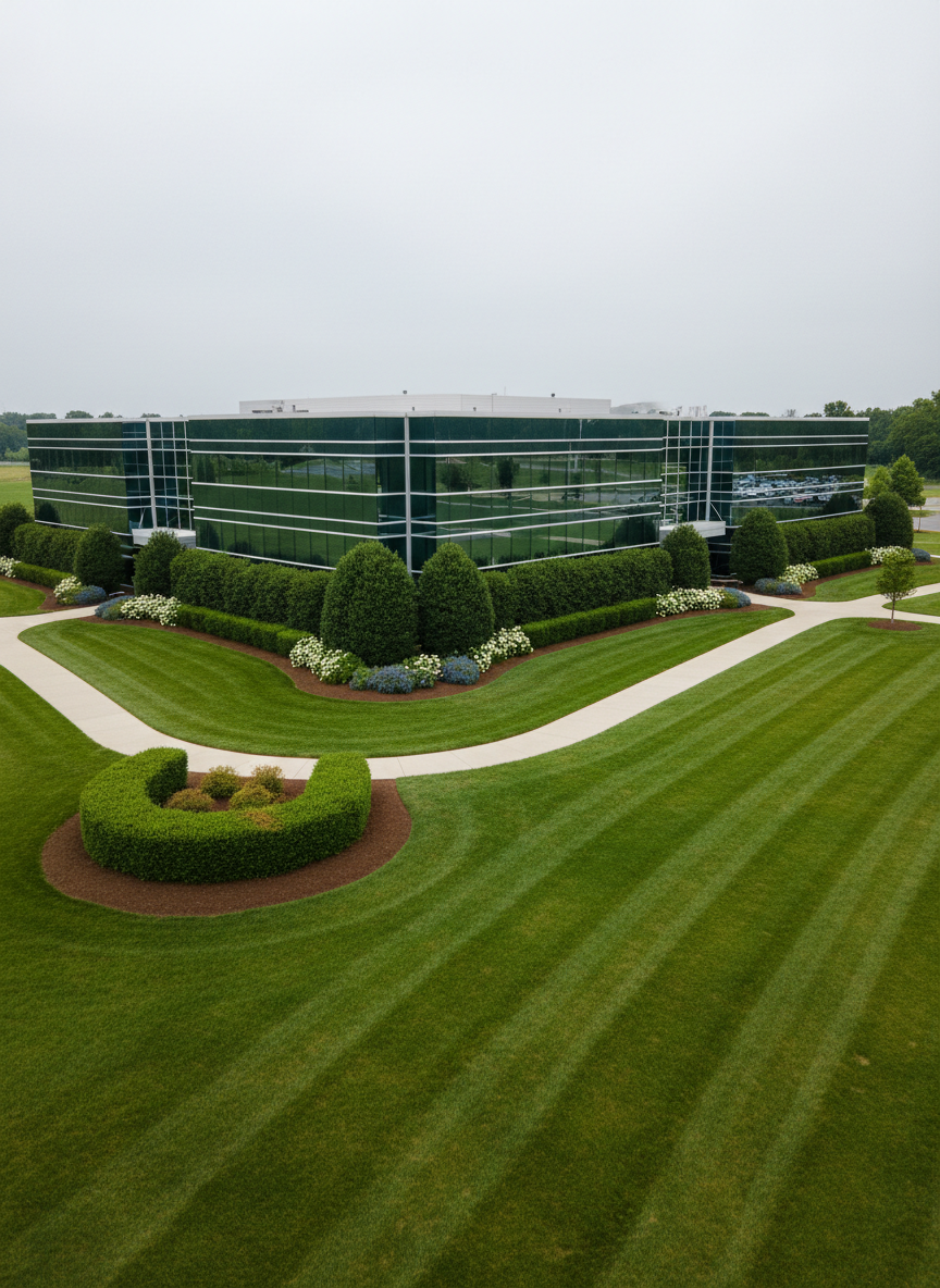A commercial office building in Northern Kentucky surrounded by impeccably maintained grounds, featuring lush, uniformly cut grass, manicured hedges, and cleanly mulched planting beds. A concrete walkway curves through the scene, its edges perfectly trimmed with no stray blades. Overcast, diffused daylight provides soft, even lighting with minimal shadows, highlighting the consistency of the turf. Photographed from a slightly elevated angle in photographic realism, the entire scene is in sharp focus, conveying order and reliability. The atmosphere is polished and professional, ideal for a business property that values curb appeal, communicating the precision and consistency of a dedicated lawn care company.