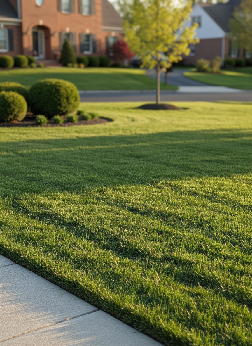A freshly mowed suburban lawn in Cincinnati, an even carpet of rich, healthy green grass stretching from sidewalk to brick home. The yard is edged with precision along the driveway and flower beds, with crisp, clean lines that emphasize professional care. Late afternoon natural light casts a soft golden glow, creating gentle shadows from neat shrubs and a small maple tree. Captured at eye level with photographic realism, the composition uses the rule of thirds, keeping the house slightly blurred in the background while the flawless turf remains in sharp focus. The mood is dependable and professional, suggesting a trusted lawn care service that maintains immaculate, well-loved properties.