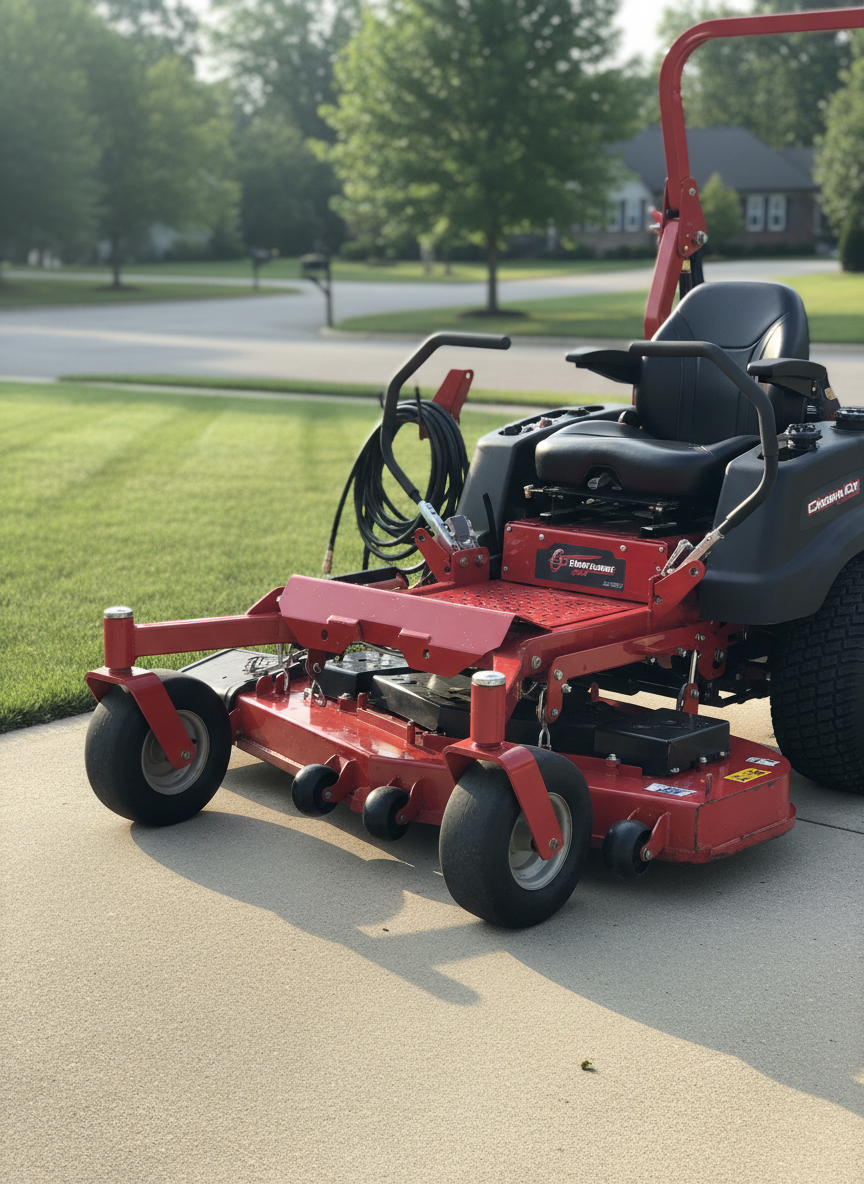 A professional-grade riding lawn mower parked neatly on a driveway beside a vivid, well-maintained front lawn in Cincinnati. The mower features clean, bright red and black bodywork, sharp steel blades visible beneath, and neatly coiled hoses and attachments, all spotless and ready for use. Soft morning sunlight illuminates the machine, creating subtle reflections on the metal and crisp shadows on the pavement. Captured from a low, three-quarter angle with photographic realism, the mower dominates the foreground while the pristine lawn and tidy suburban street form a softly blurred backdrop. The mood is confident and capable, emphasizing reliable equipment and expert lawn care service without any human presence.